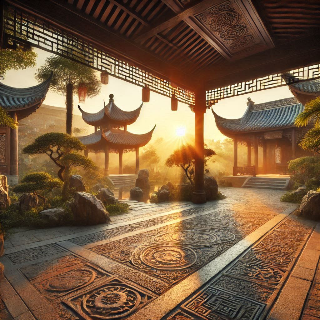 Amanecer en un patio de un templo con arquitectura asiática; lugar ideal para realizar estiramientos