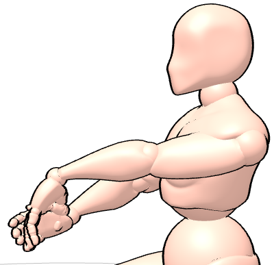 Muñeco realizando el paso 3 del estiramiento de muñeca hacia adelante: flexionar la muñeca hacia abajo