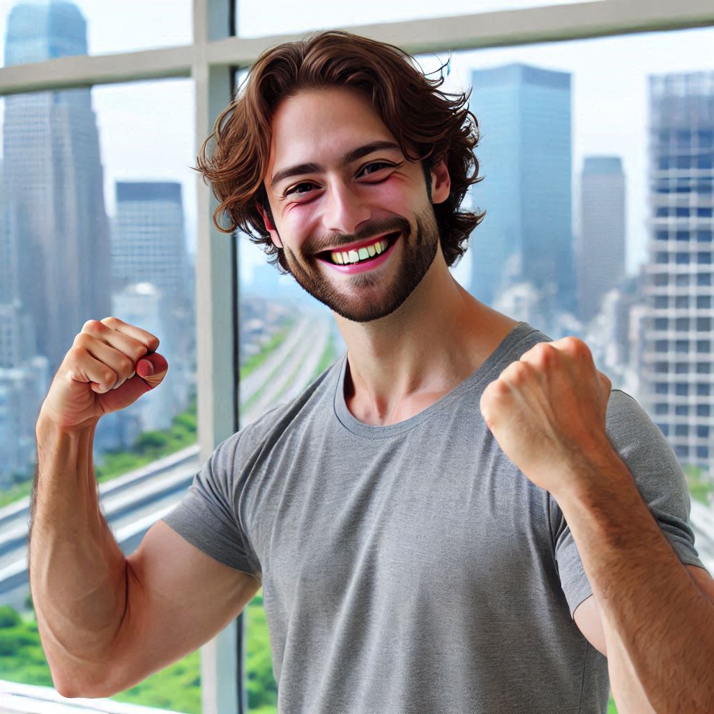 Hombre feliz después de realizar un estiramiento de cuello hacia adelante