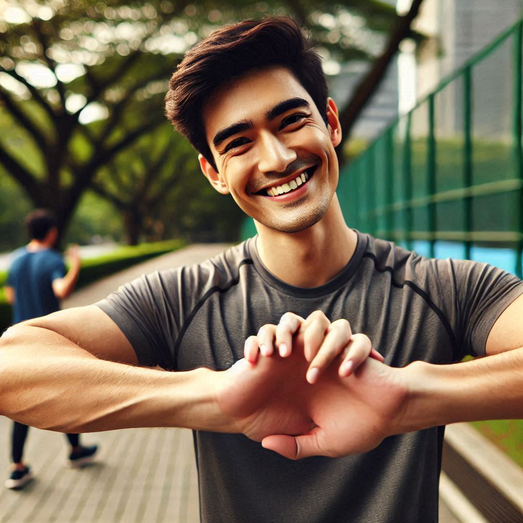 Hombre realizando un estiramiento de antebrazos extendidos hacia adelante, en la calle y expresando felicidad