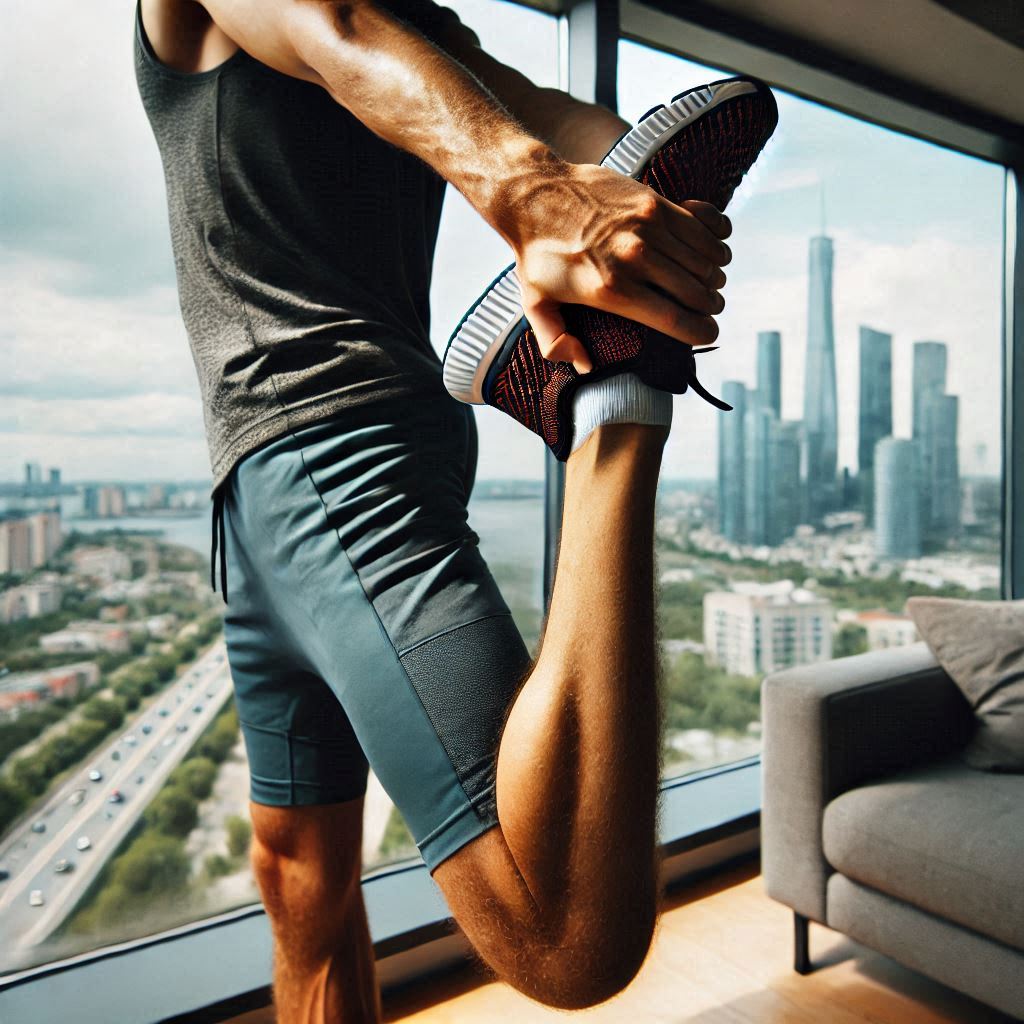 Hombre estirando cuádriceps de pie, en un piso con unas vistas a la ciudad