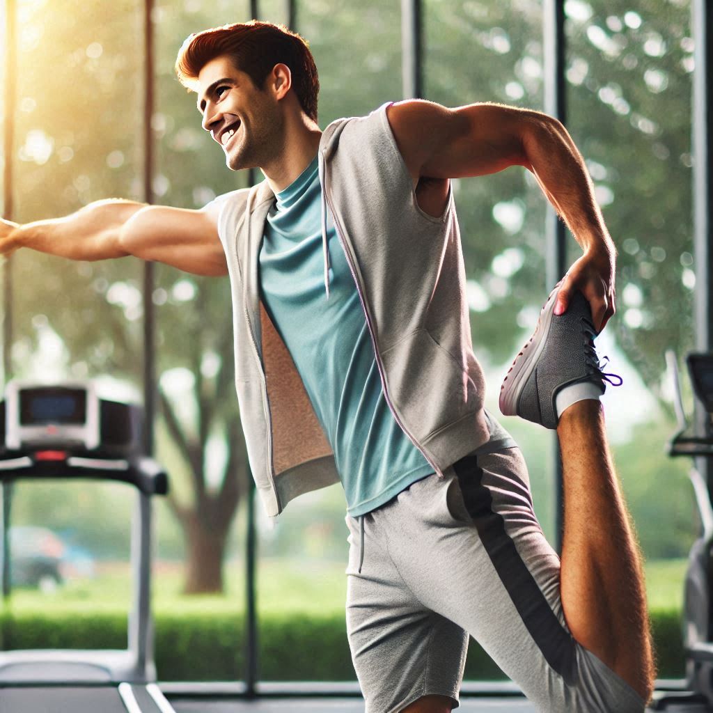 Hombre feliz estirando el cuadriceps de pie en un gimnasio