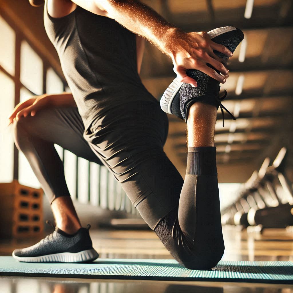 Hombre deportista arrodillado en una esterilla en un gimnasio, realizando una flexión plantar para estirar el empeine