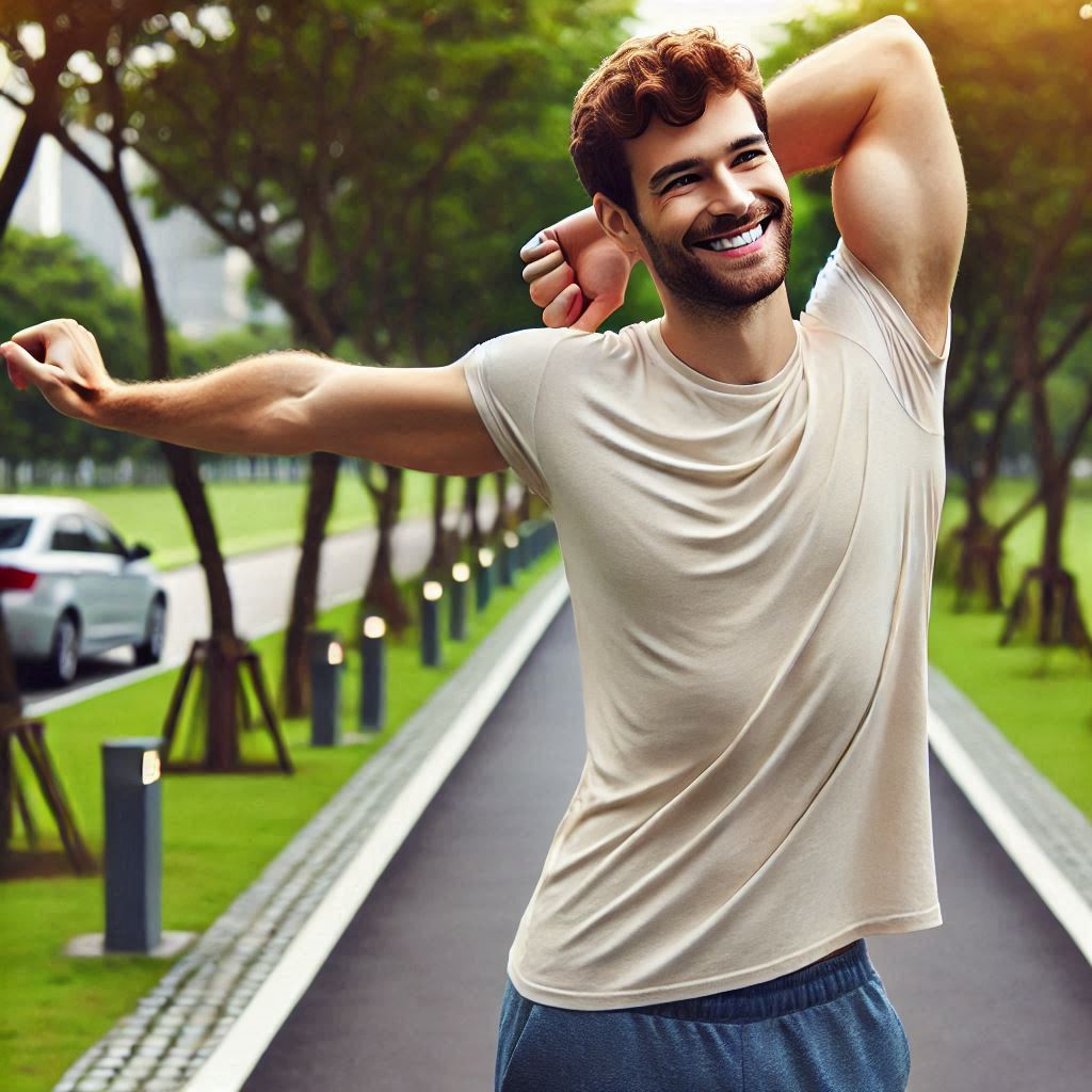 Hombre mostrando felicidad al realizar estiramientos en un parque