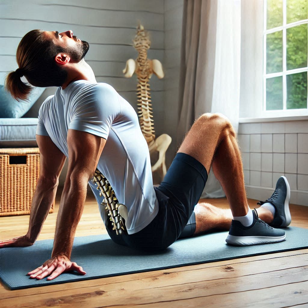 Hombre realizando un estiramiento de glúteos y espalda baja. El fondo muestra un estudio de fisioterapia