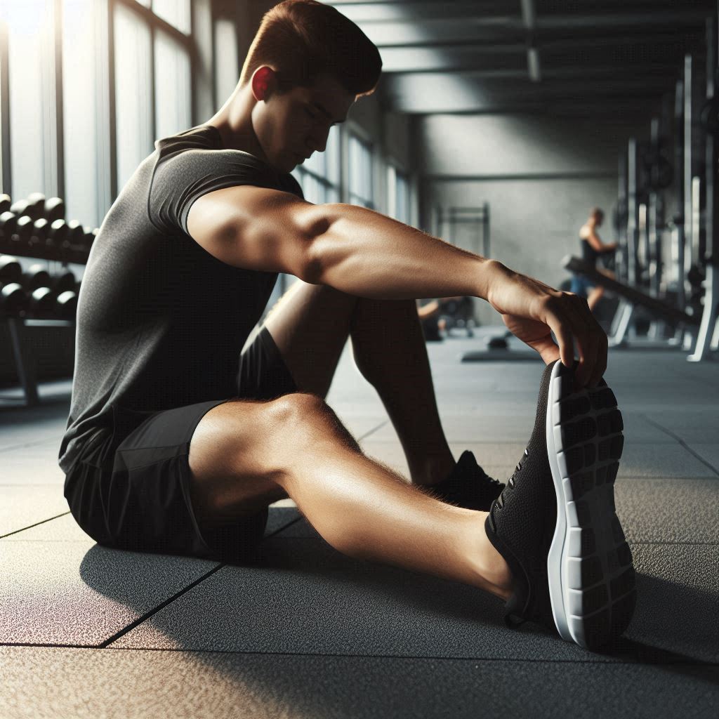 Hombre estirando glúteos e isquiotibiales, en un gimnasio