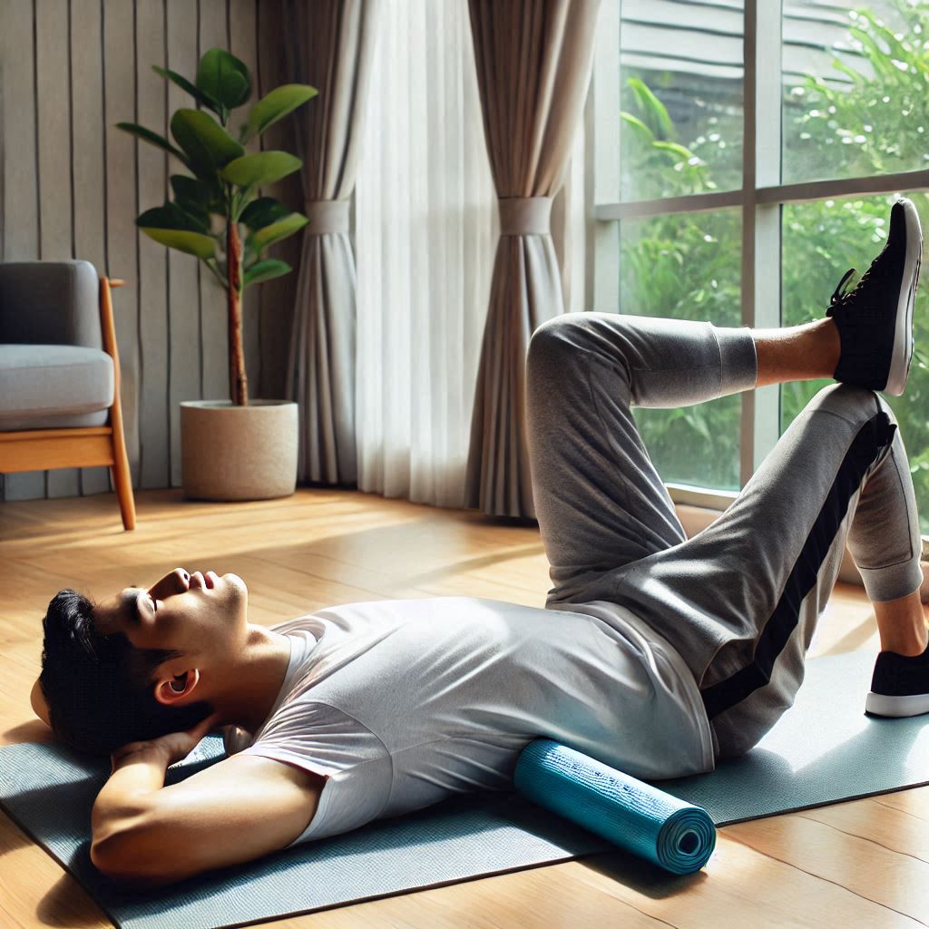 Hombre en un salón, realizando estiramientos de espalda con giro lumbar