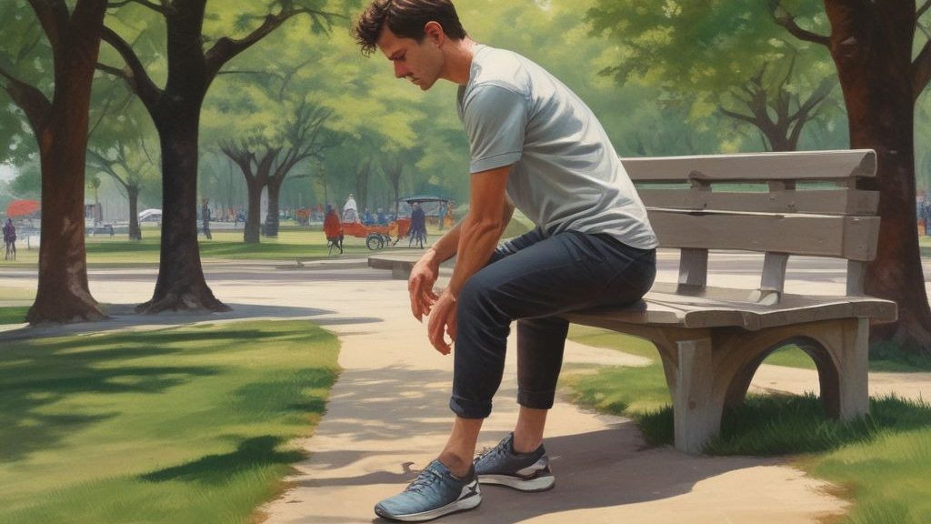 Hombre sentado en un banco en un parque, estirando ligeramente los dedos de los pies hacia arriba