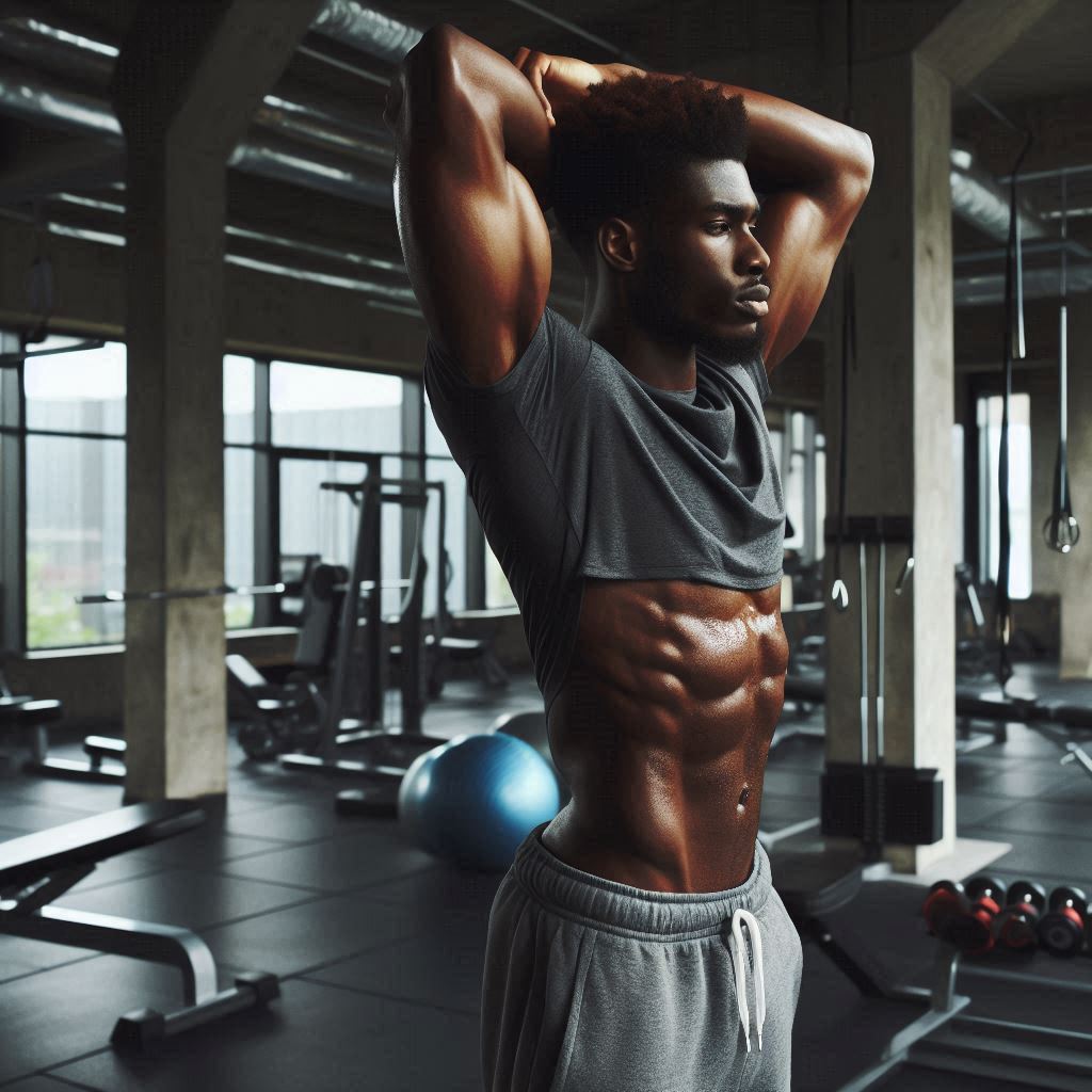 Hombre deportista realizando un estiramiento de tríceps sobre la cabeza, en un gimnasio