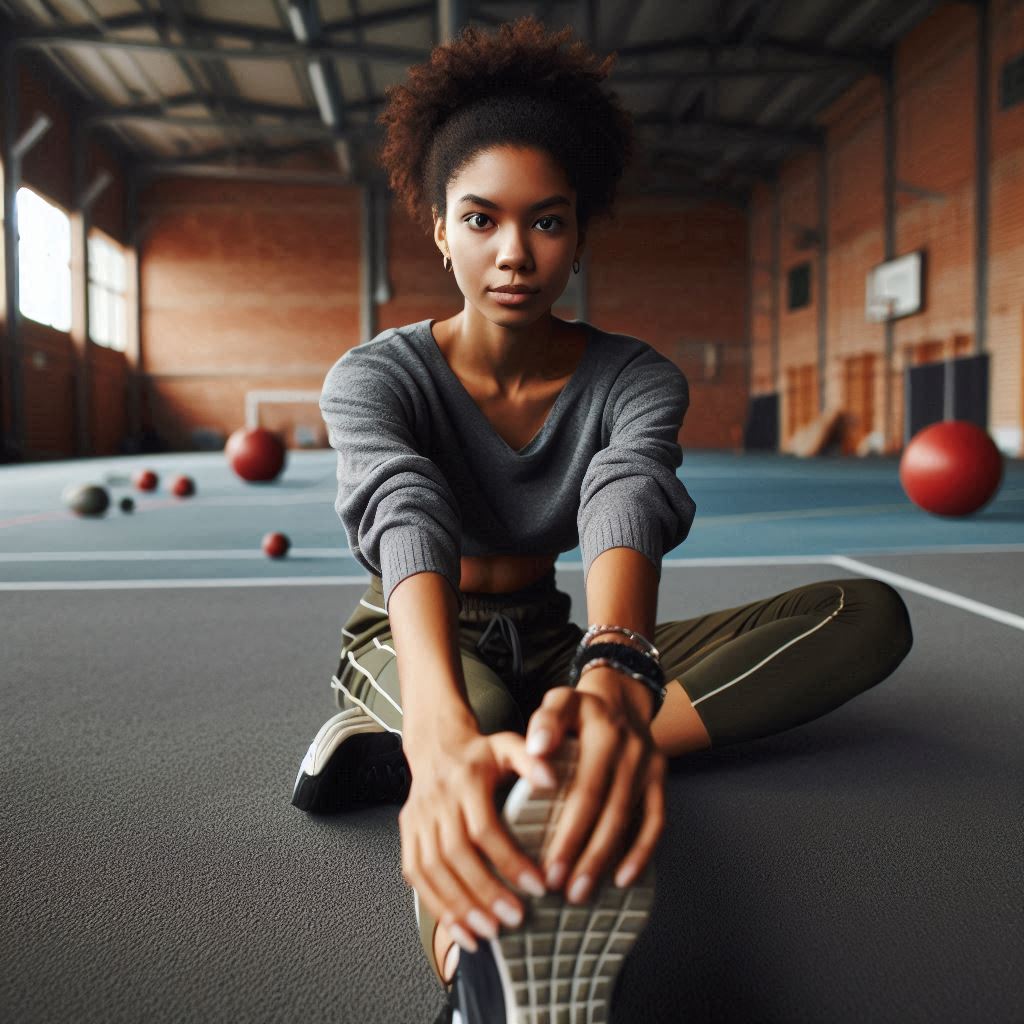 Mujer realizando un estiramiento  sentada en el suelo, concentrada, con un gimnasio de fondo