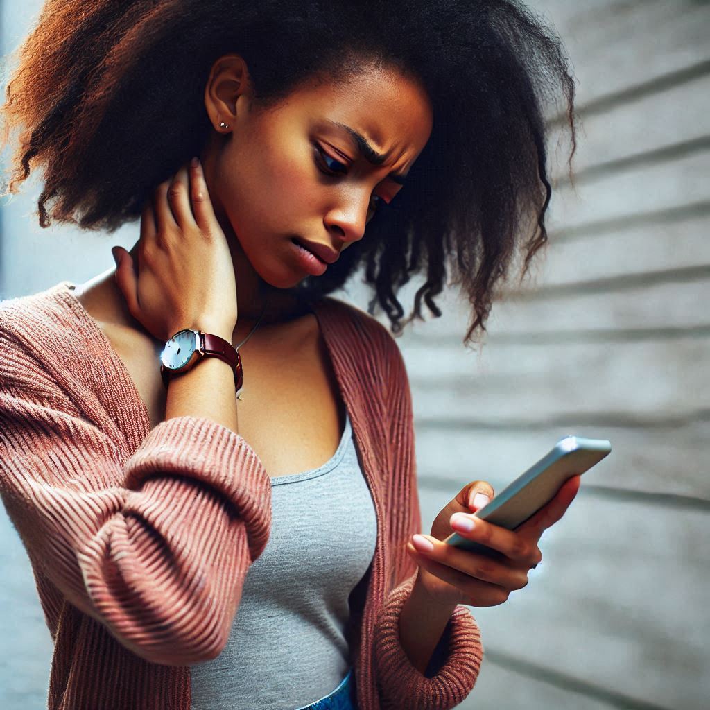 Mujer con dolor cervical mirando el móvil