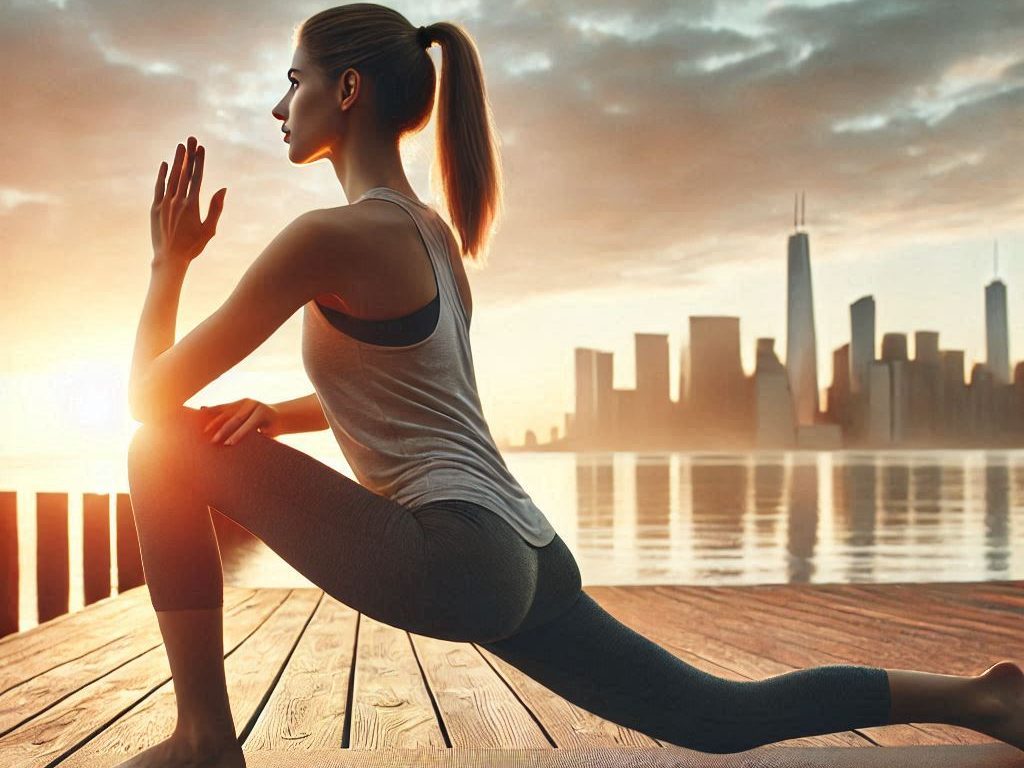 Mujer realizando un estiramiento de cadera con postura del corredor en un atardecer. El fondo muestra un muelle, con agua alrededor y una ciudad lejana