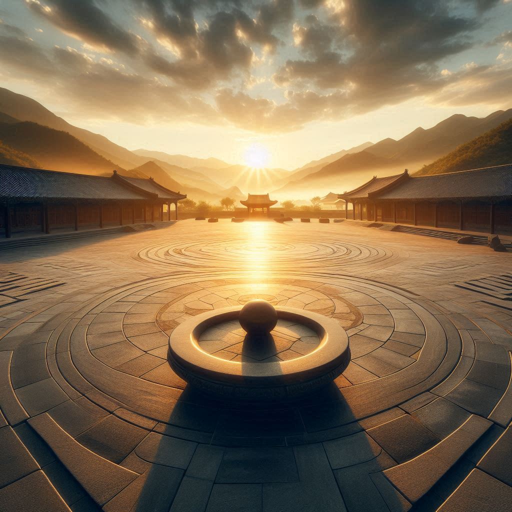 Amanecer en un patio de piedra con arquitectura asiática, ideal para realizar estiramientos de espalda