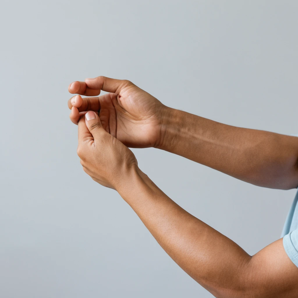 Brazos de una persona que realizan estiramientos de muñeca, con la otra mano como apoyo