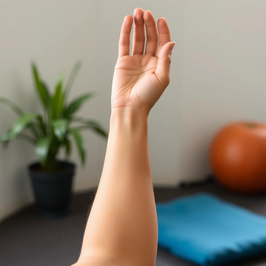 Persona estirando el brazo hacia arriba, con la muñeca ligeramente flexionada. En el fondo se ve una sala con equipamiento de fisioterapia