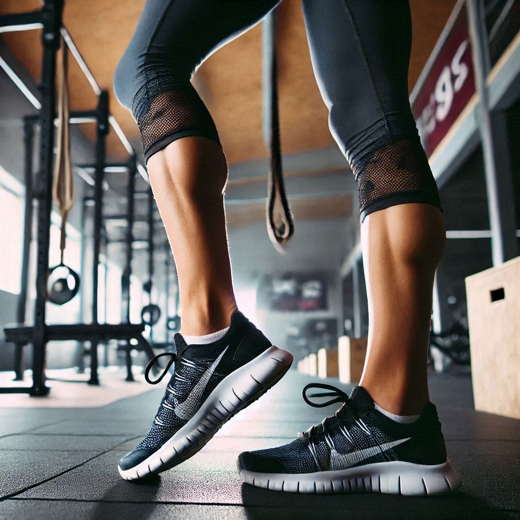 Persona en un gimnasio, realizando un estiramiento de tobillos con giro circular