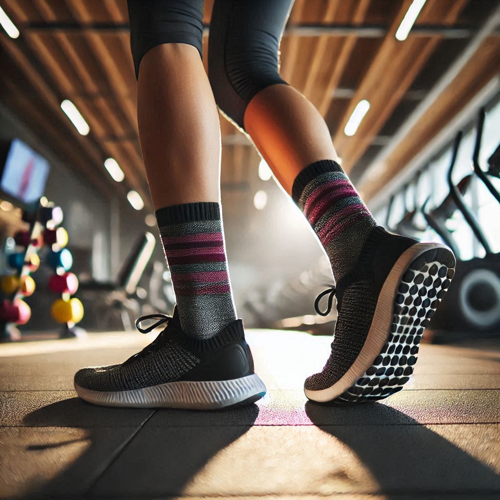 Persona en un gimnasio, realizando estiramientos de tobillos con giro circular