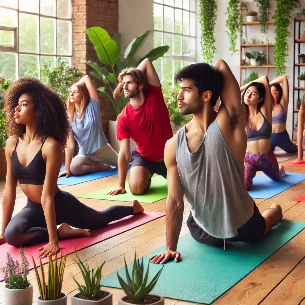 Personas en un gimnasio realizando variaciones del estiramiento de espalda gato-vaca