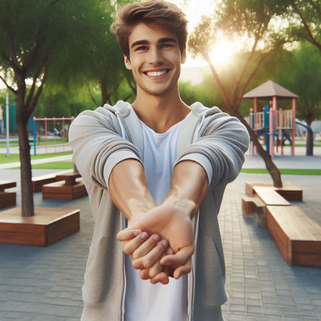 Hombre realizando un estiramiento de antebrazos extendidos hacia adelante, en un parque en un día soleado