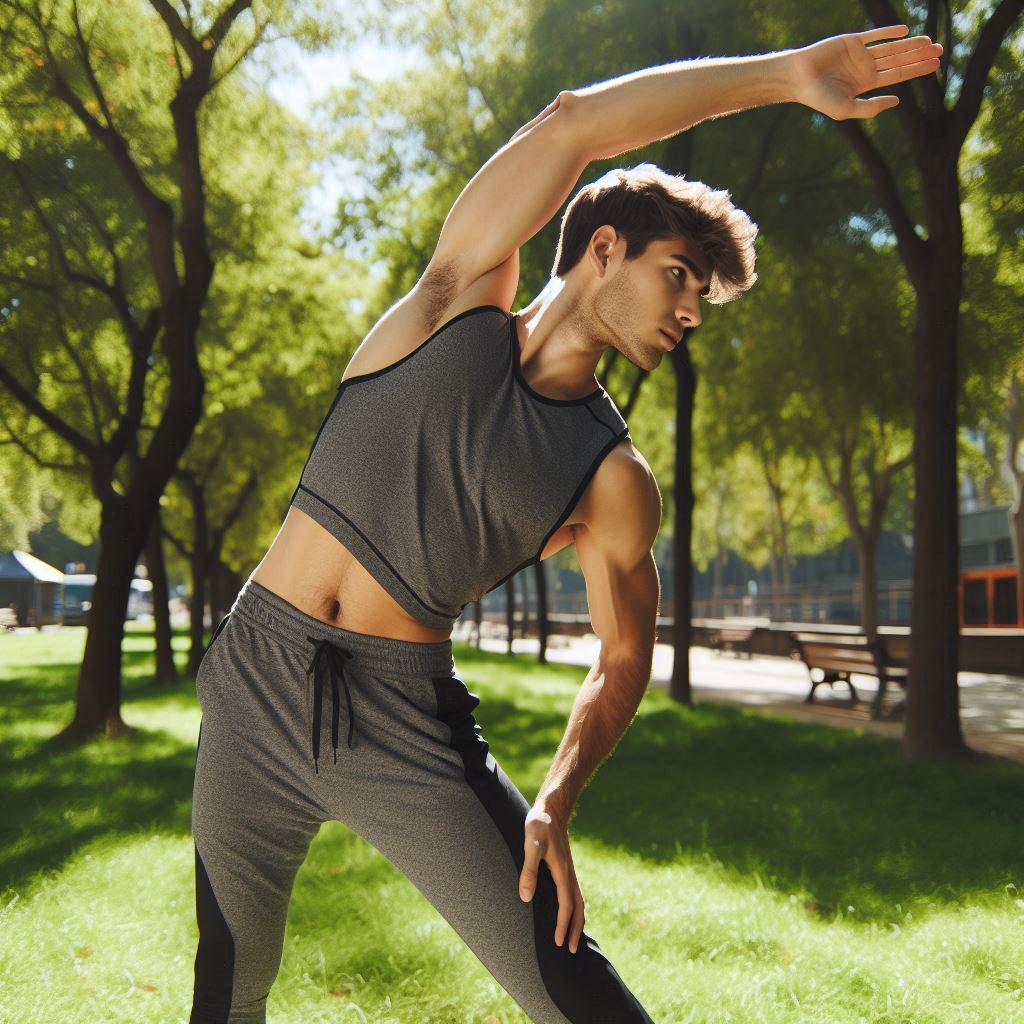 Hombre con ropa deportiva en un parque, realizando un estiramiento de costados con inclinación lateral