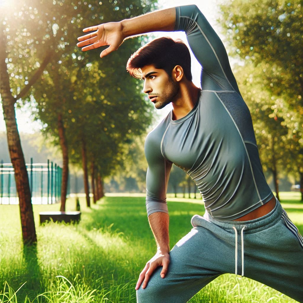 Hombre con ropa deportiva en un parque, realizando un estiramiento de costados con inclinación lateral, con intensidad