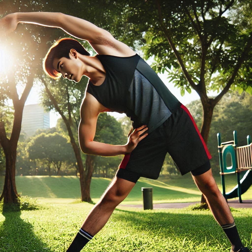 Hombre deportista realizando intensamente un estiramiento de costado con inclinación lateral, en un parque