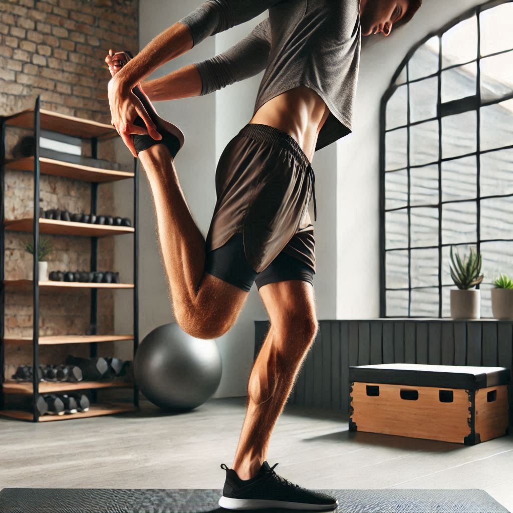 Hombre realizando un estiramiento de cuádriceps de pie, en un gimnasio