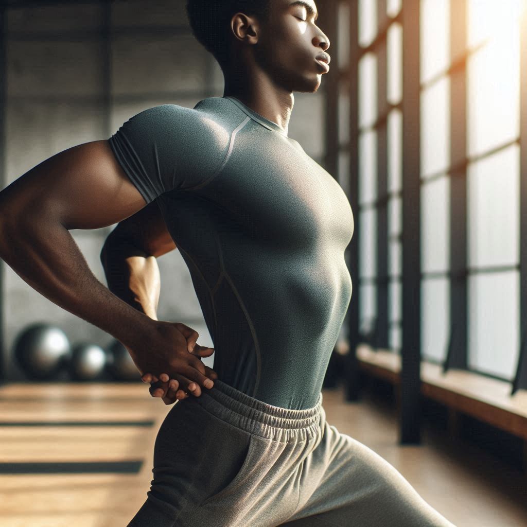 Hombre deportista, realizando una apertura de pecho con las manos detrás, en un gimnasio