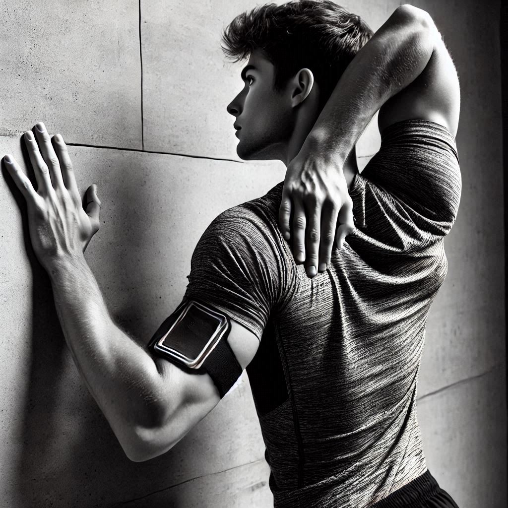 Hombre con ropa de deporte, estirando los pectorales en la pared. La imagen se muestra en blanco y negro