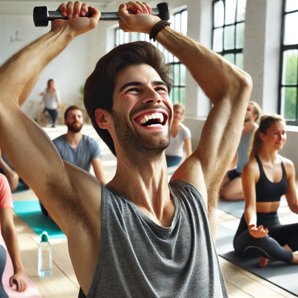 Hombre feliz en una clase de estiramientos con varias personas de fondo