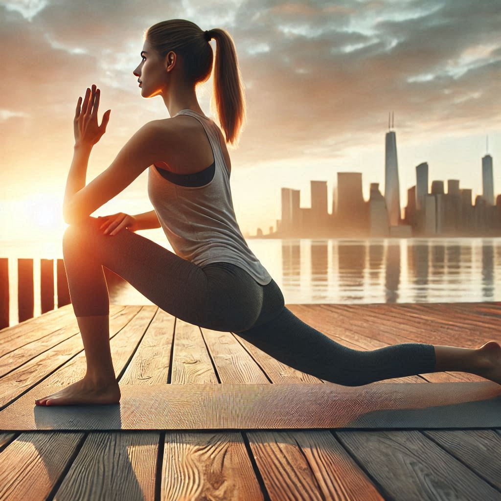 Mujer realizando un estiramiento de cadera con postura del corredor en un atardecer. El fondo muestra un muelle, con agua alrededor y una ciudad lejana