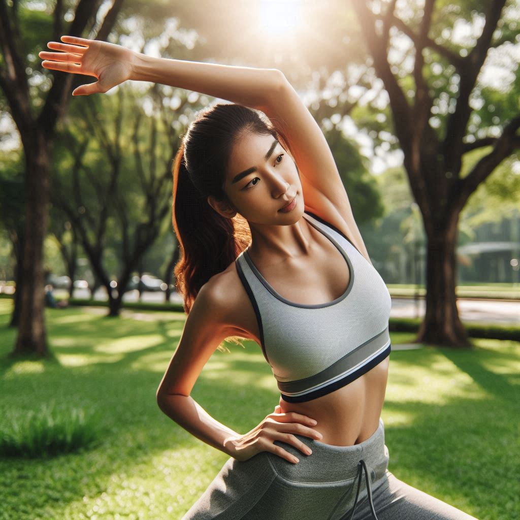 Mujer deportista, realizando un estiramiento de costados con inclinación lateral en un parque