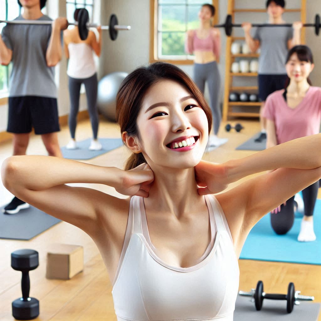Mujer realizando rotaciones de cuello en un gimnasio