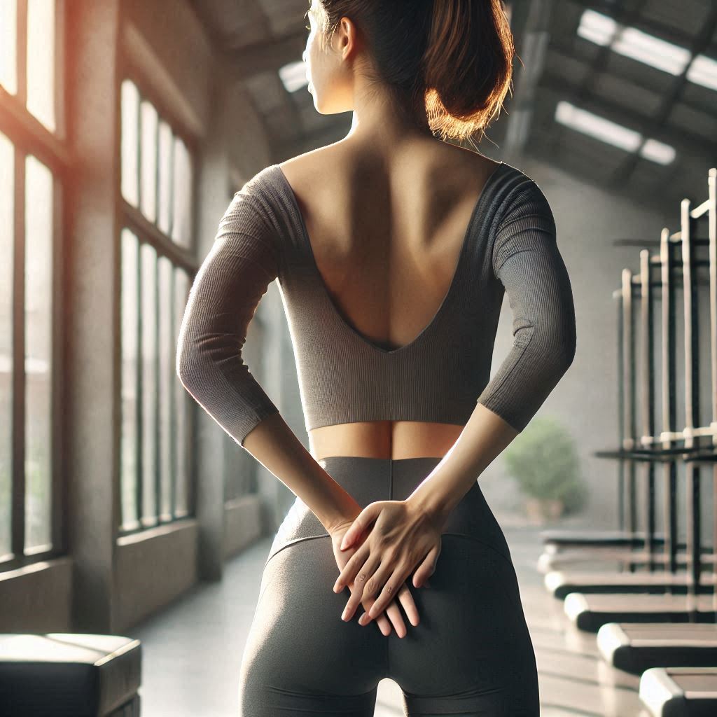 Mujer con ropa deportiva, realizando un estiramiento de apertura de pecho con las manos detrás. El fondo muestra una sala con equipamiento deportivo