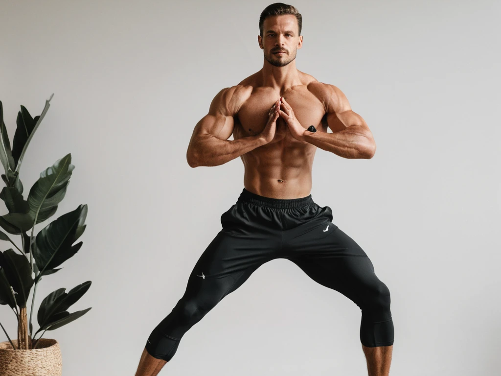 Hombre deportista, realizando un estiramiento de cadera lateral