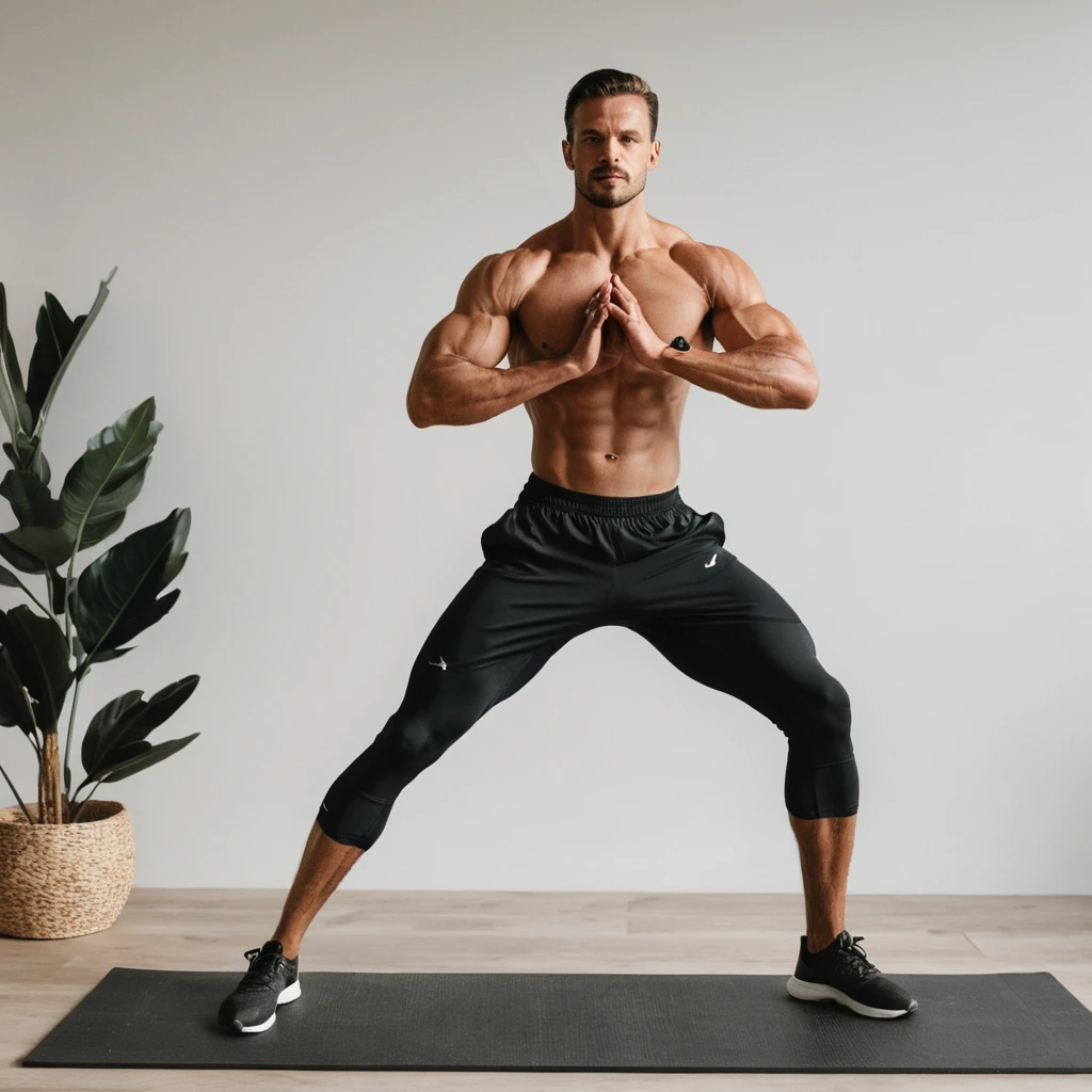 Hombre deportista, realizando un estiramiento de cadera lateral