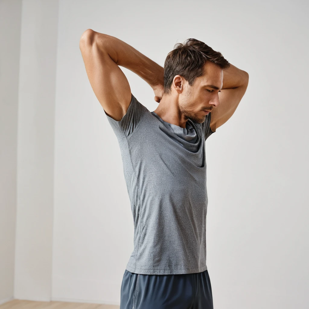 Hombre con las manos sobre la cabeza, realizando un estiramiento de torso