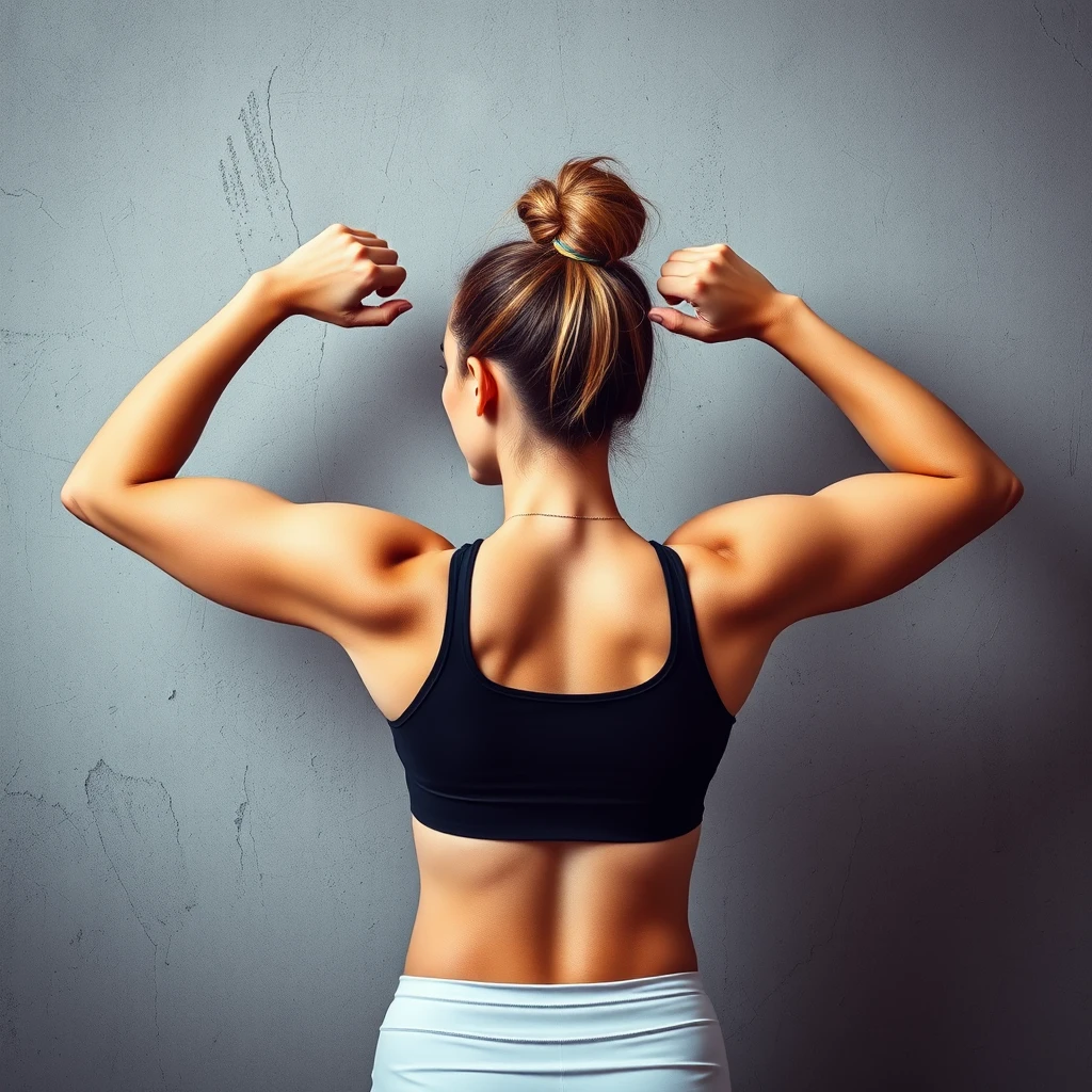 Mujer deportista de cara a la pared, realizando una pose resaltando los bíceps