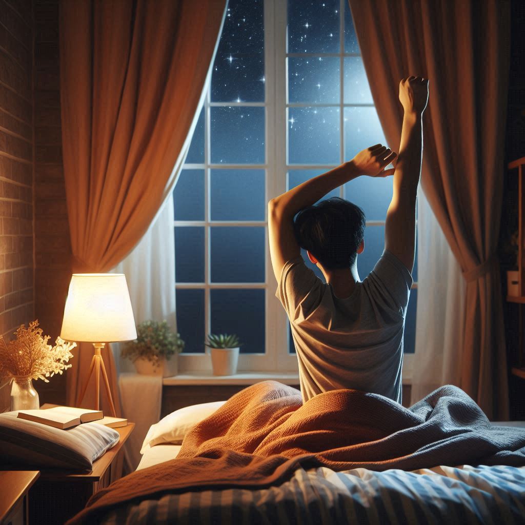 Hombre realizando un estiramiento de brazos antes de ir a dormir
