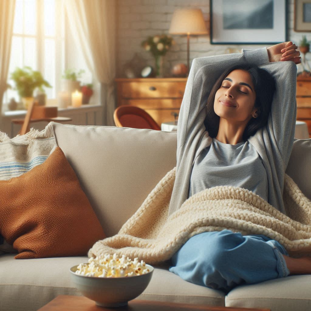Mujer realizando estiramientos de manera cómoda, mientras está viendo la televisión