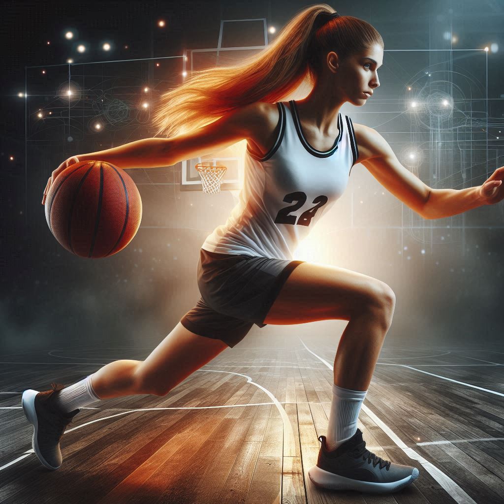 Jugadora de baloncesto en una cancha, con el número 22, corriendo mientras bota la pelota con determinación