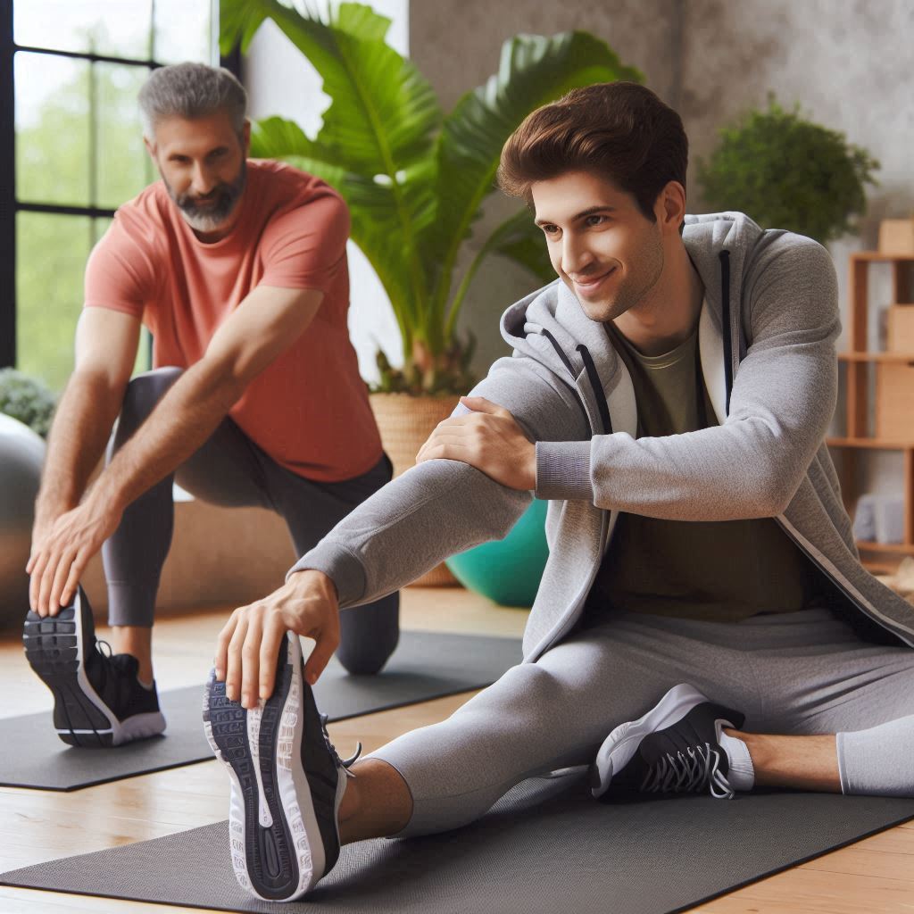 Dos hombres realizando estiramientos de isquiotibiales en el suelo, dentro de un gimnasio